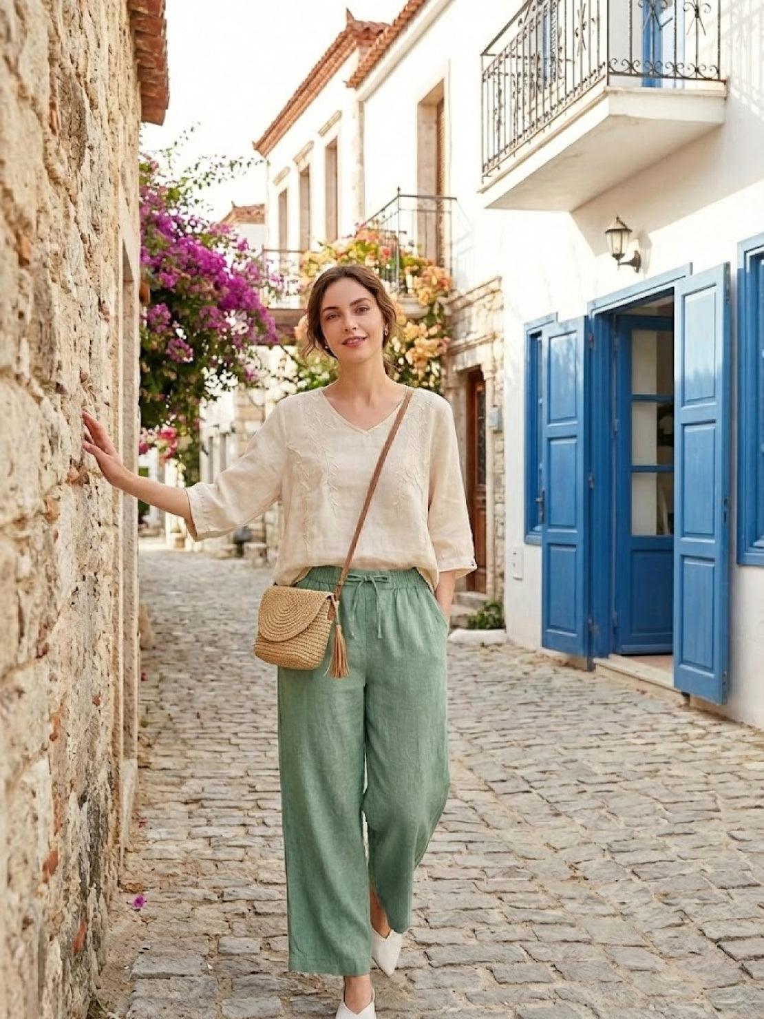 100% cotton linen blend golden hour set with embroidered V-neck top and wide-leg trousers