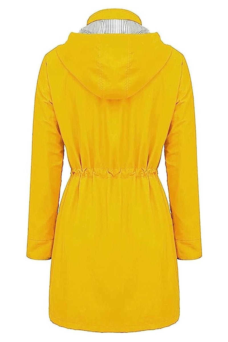 Back view of yellow water resistant hooded striped windbreaker rain jacket for women with adjustable waist cinch.