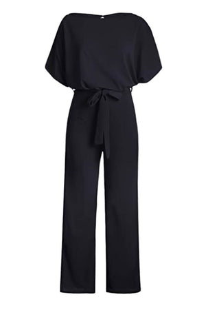 Black chic short-sleeved wide-leg jumpsuit with belt and elegant design for women