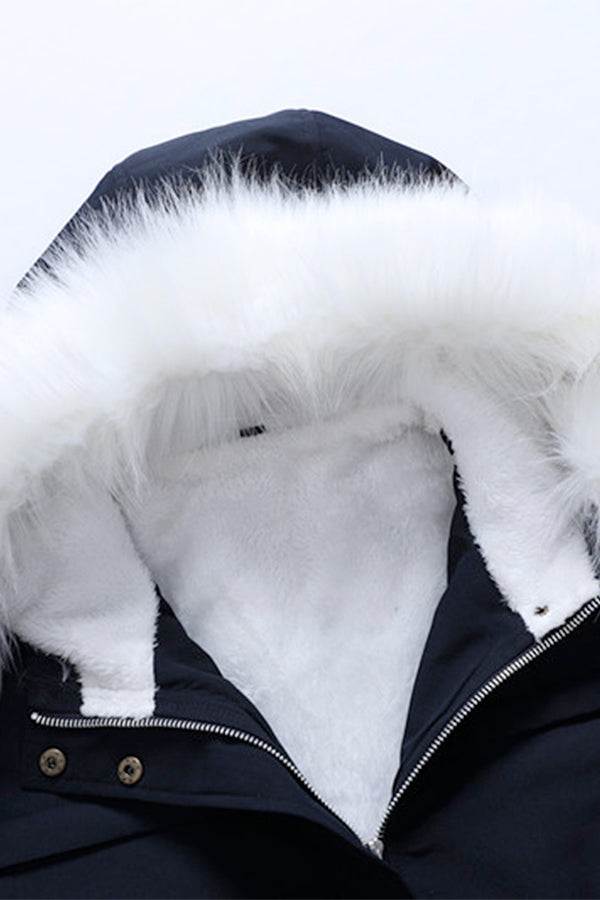 Thick long-sleeve zipper overcoat with white fur-lined hood and soft inner lining