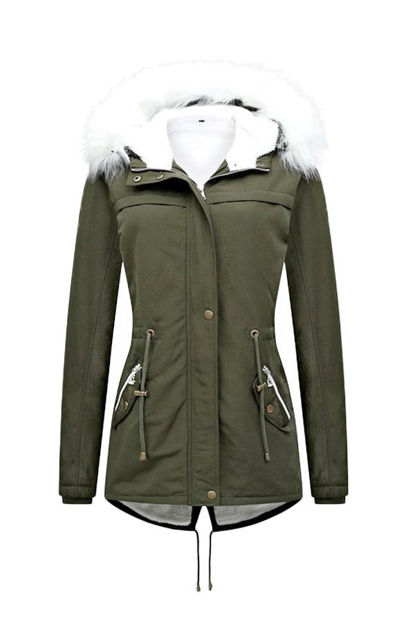 Thick long-sleeve zipper overcoat with fur-lined hood in olive green, lightweight and warm winter jacket