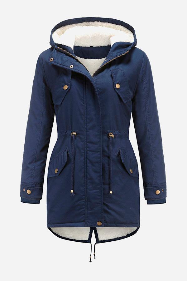 Navy extra comfortable cotton parka coat with fluffy lined hood and metal zipper