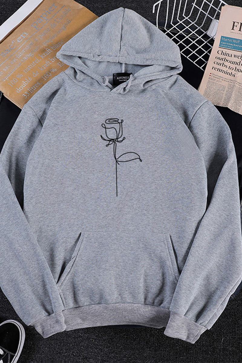 Gray oversized hoodie with simple black graffiti rose print and front pocket
