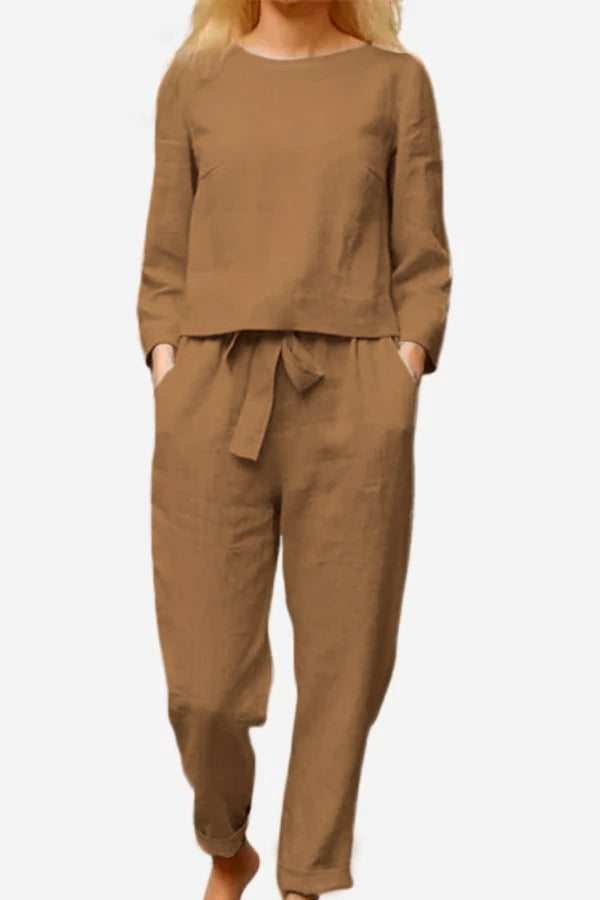 Retro monochrome linen two-piece set featuring breathable cotton blend with a relaxed fit and tie-waist pants.