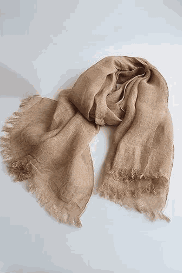 Light brown linen Color-POP Scarf with fringed edges, eco-friendly and breathable.