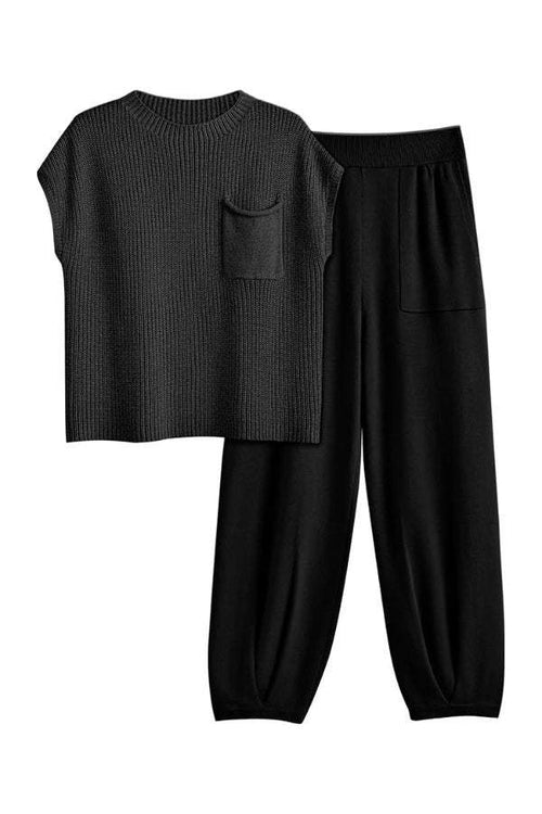Comfy Couture Knit Sweater two-piece set in black with knit pullover and high-waisted pants for cozy, stylish wear
