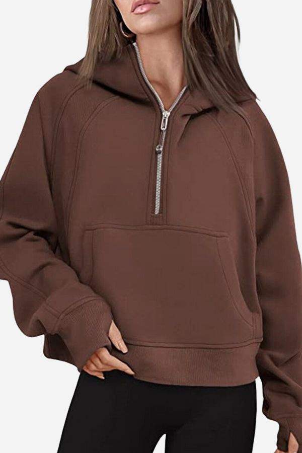 Cozy oversized half-zip fleece pullover sweatshirt in brown with kangaroo pocket and relaxed fit