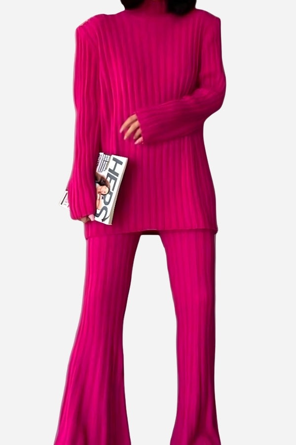 Timeless Striped Two-Piece knitwear set in vibrant pink with ribbed texture, cozy and stylish polyester ensemble