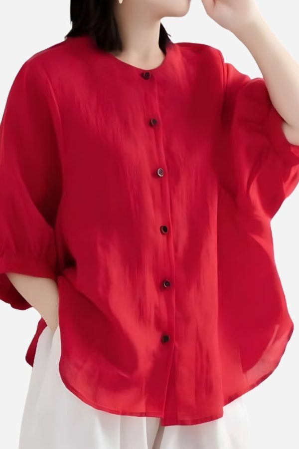 Relaxed loose breathable linen red blouse with button front and three-quarter sleeves