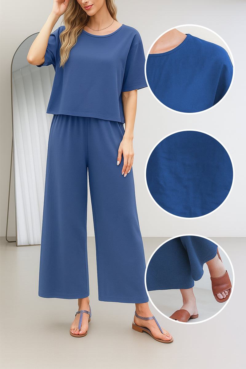 Blue loose fit co-ord set with short sleeve top and wide-leg pants, soft tailored casual outfit for relaxed wear
