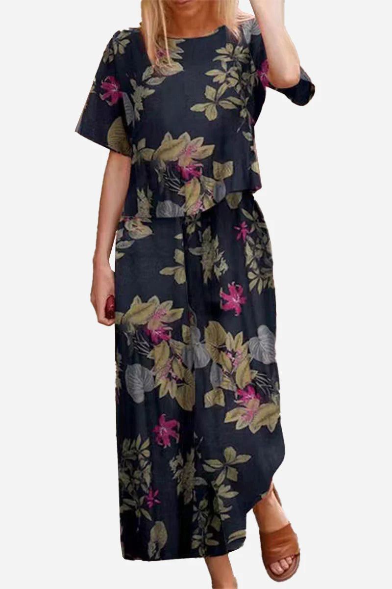 Floral print loose fit co-ord set with relaxed short-sleeve top and wide-leg trousers