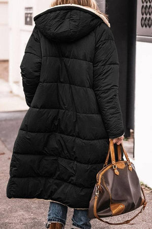 black sherpa-lined hooded teddy coat long puffer jacket winter outerwear with pockets