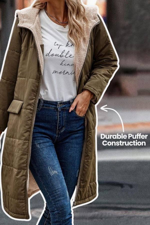 Woman wearing olive sherpa-lined hooded teddy coat with durable puffer construction and large pockets