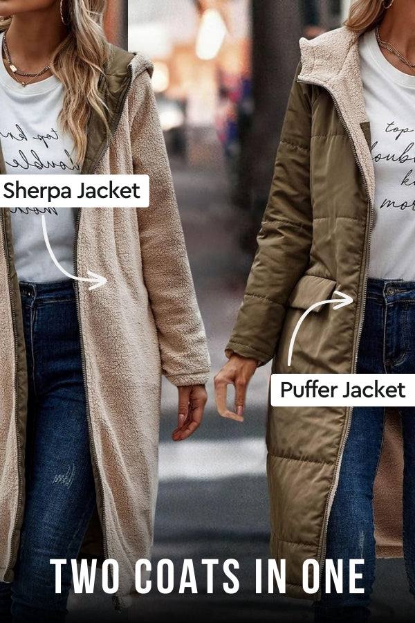 Reversible Sherpa-lined hooded teddy coat with puffer option for versatile winter wear