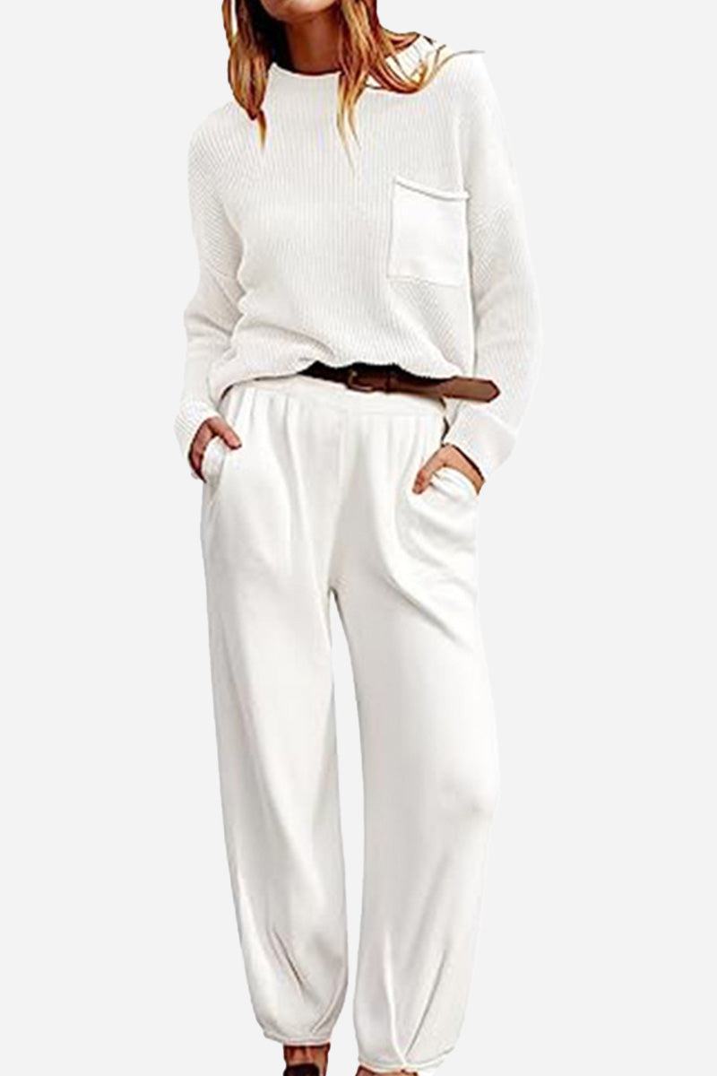 Women's European Minimalism white relaxed sweater top and trouser set with knit texture and pocket detail