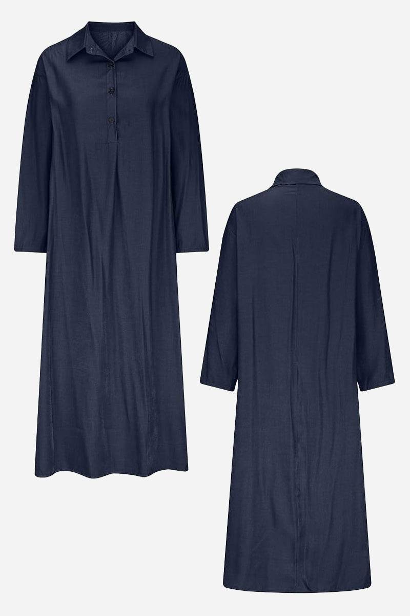 Navy blue Bohemian maxi dress with long sleeves, collar, button detail, and body-balance cut for temperature control and a graceful silhouette.