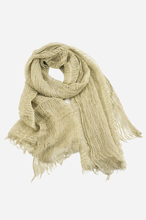 Lightweight beige linen scarf with frayed edges, breathable and versatile accessory