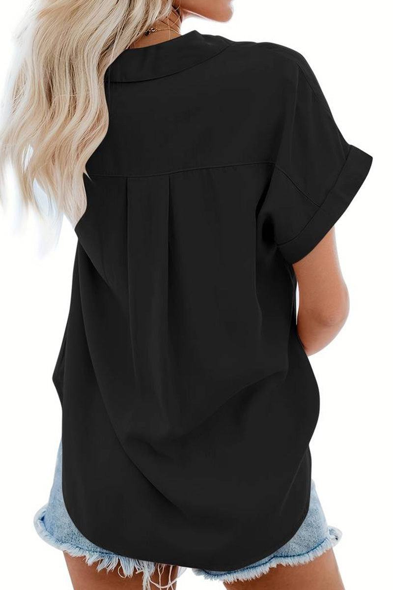 black V-neck collared button blouse with rolled short sleeves worn with denim shorts, back view