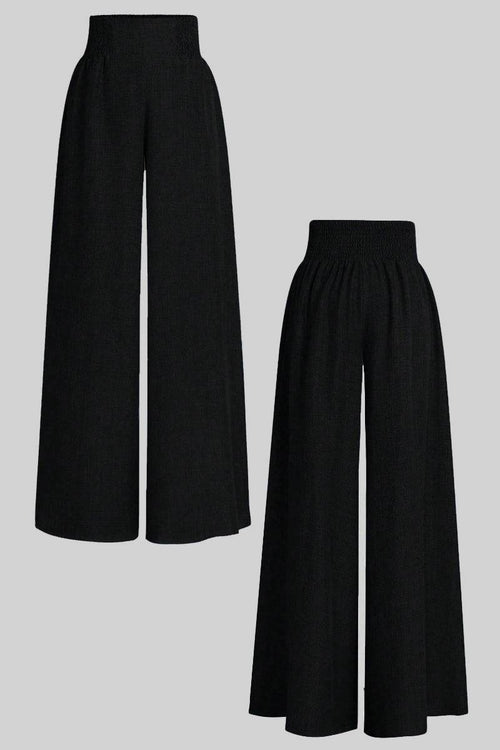Black high waist wide leg pants with elastic waistband, lightweight and breathable fabric, loose and flowing fit.