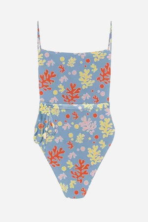 Tan-Through open back one-piece swimsuit with colorful coral print on blue background, featuring adjustable straps and high-cut legs.