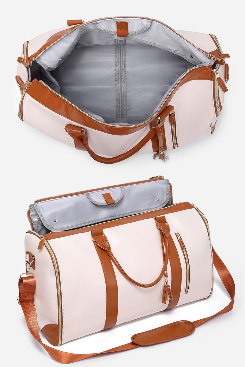 No-wrinkle foldable travel bag with waterproof PU leather, spacious interior, and brown straps.