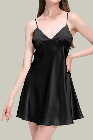 Black Mulberry Silk Nighty with thin straps for soft, breathable nighttime luxury and comfort