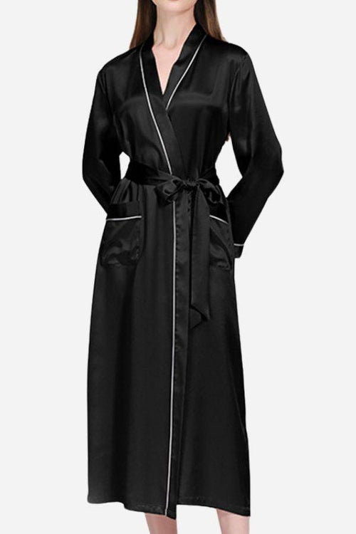 Black Mulberry Silk Nightgown with long sleeves and sash belt, featuring a relaxed fit and breathable fabric.