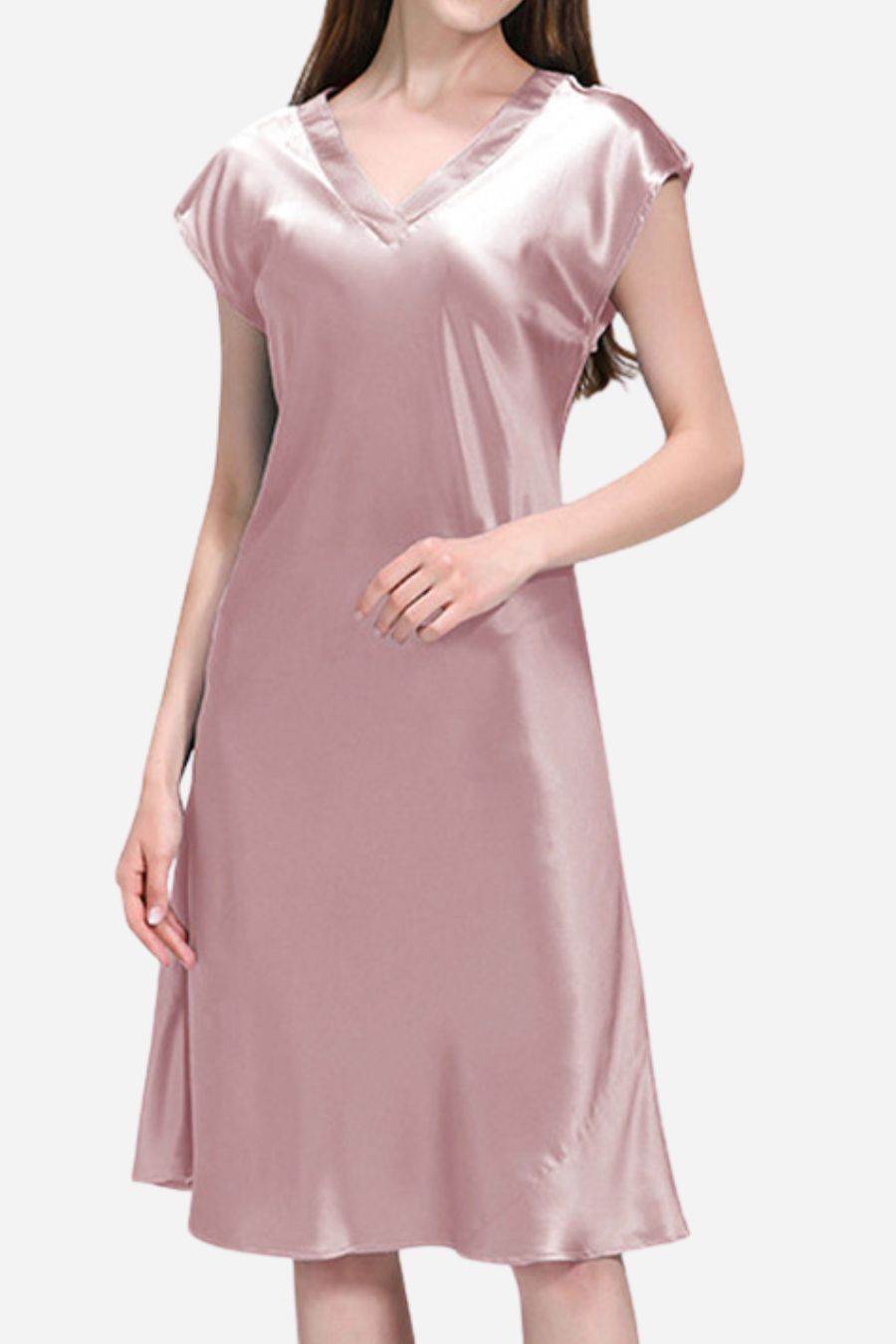 Mulberry Silk V-Neck Nightgown in soft pink, lightweight and breathable luxury sleepwear