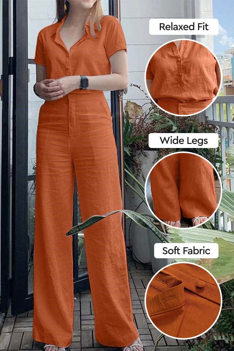 Woman wearing an orange Linen-Look Set with relaxed fit top and wide leg pants made of soft breathable fabric.