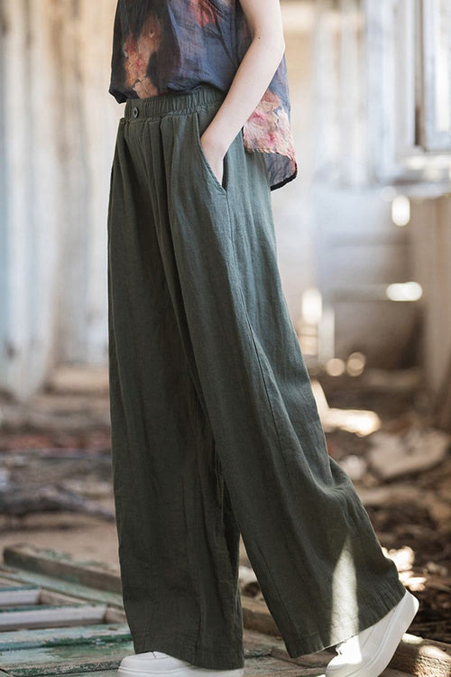Women's olive green sandwashed ramie linen wide-leg pants with a relaxed fit and pockets