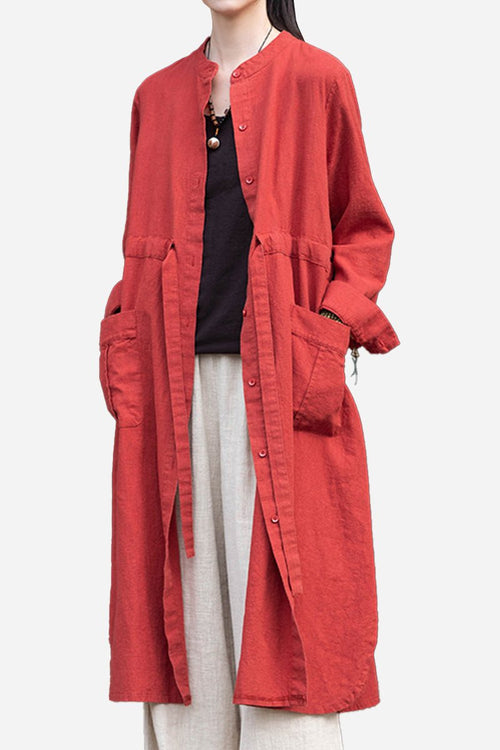 Oversized casual loose red ramie linen cardigan with pockets and button closure