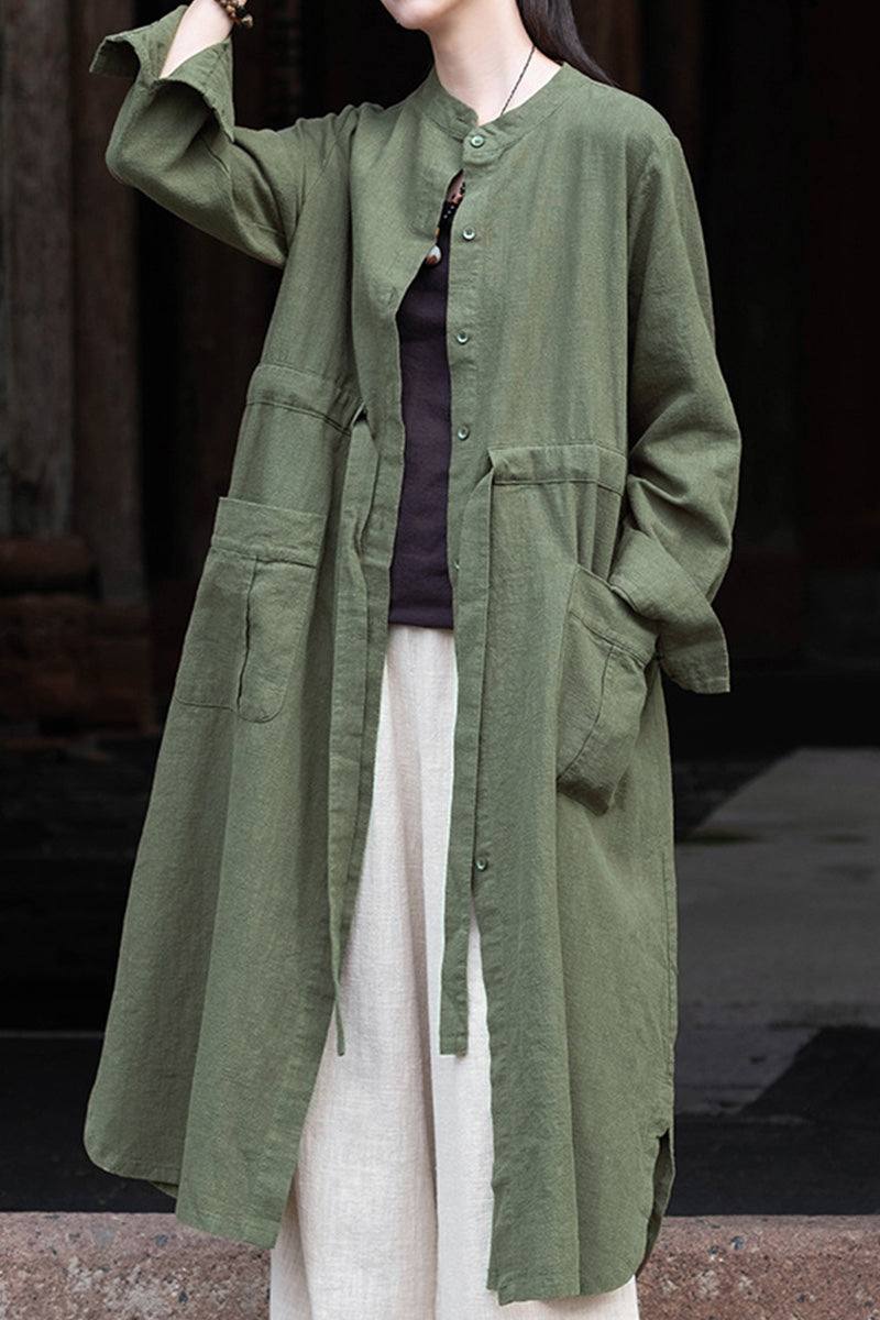 Oversized casual loose ramie linen cardigan in green with front pockets and button closure
