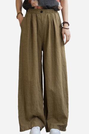 Brown sandwashed ramie linen pants with relaxed fit and plush lining for warmth