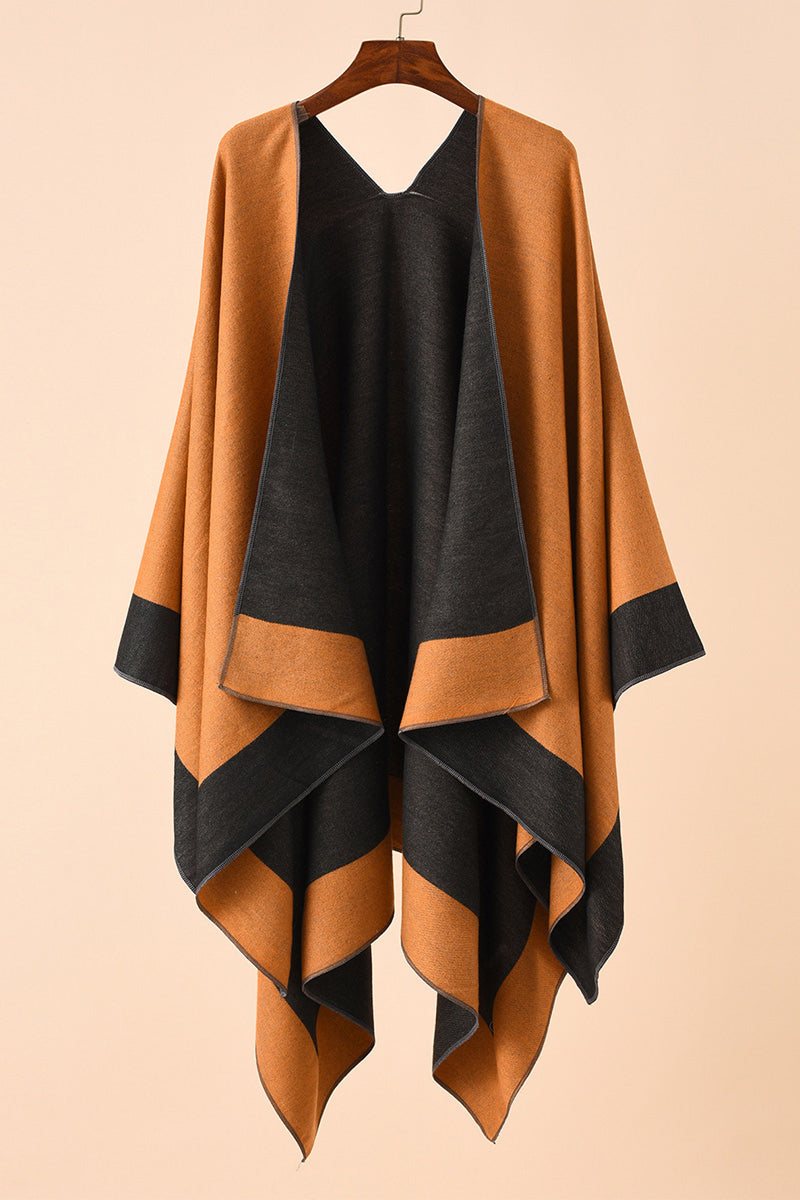 Two-tone elegant knitted poncho in brown and dark gray, lightweight and flowing drape design, one size fits all.