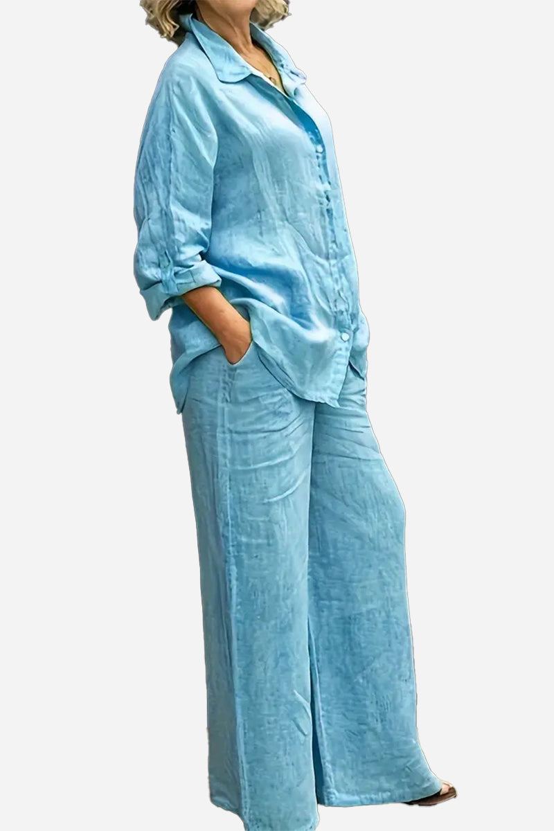 Light blue cotton blend two-piece set with long-sleeve button-up shirt and wide-leg pants