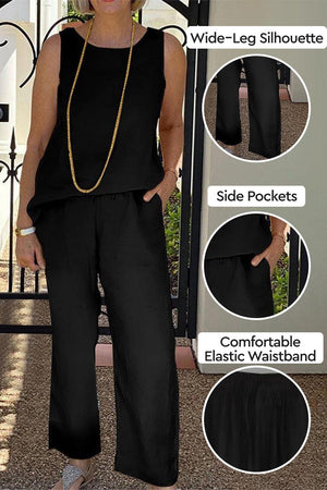 Woman wearing Sleek Silhouette black wide-leg coordinated set with elastic waistband and side pockets