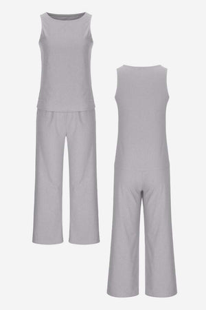 Sleek Silhouette sleeveless top and wide-leg pants coordinated set in light grey with stretch fabric and elegant fit