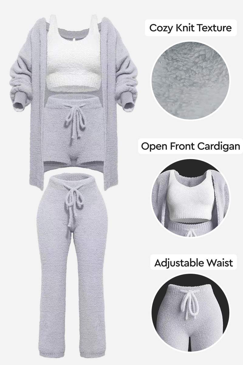 Cloud Soft 4-Piece cozy knit cardigan, adjustable waist pants, shorts, and white crop top set