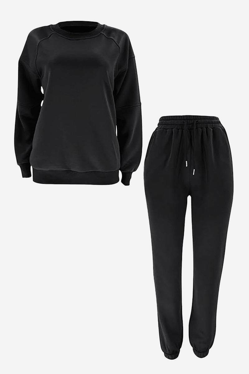 Black comfy chic tracksuit set with relaxed fit sweatshirt and elastic waist jogger pants