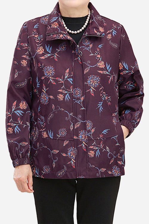 Plus Size WeatherShield floral jacket in purple with windproof, water-resistant fabric and comfortable fit for XL to 4XL sizes