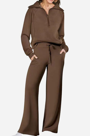 Brown Loungewear Buttersoft Tracksuit Set with zip-up top and relaxed wide-leg pants in ultra-soft fabric