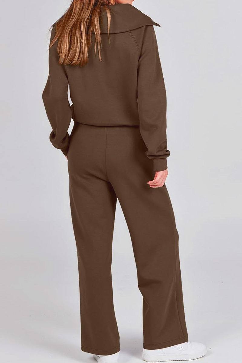 woman wearing brown loungewear buttersoft tracksuit set back view