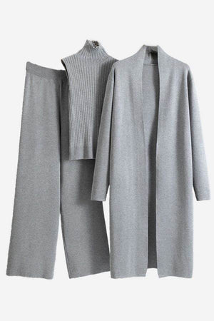 One size fits all premium grey three-piece collection with cardigan, sleeveless top, and wide-leg pants in soft viscose-polyester blend fabric