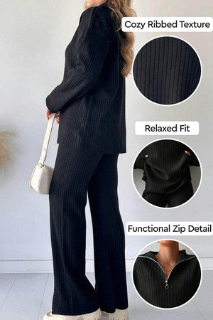 Plus-size Curve-Loving Knit Work from Home Comfort Set in black with cozy ribbed texture, relaxed fit, and functional zip detail.