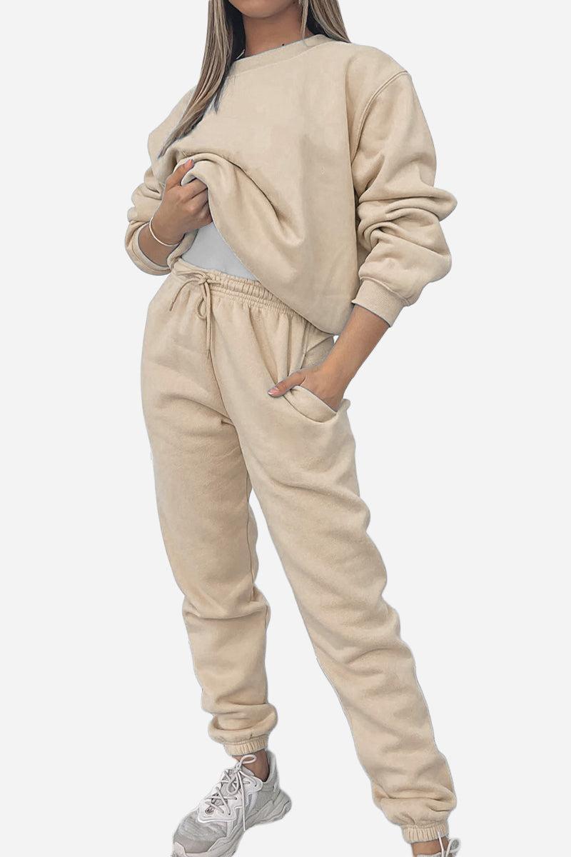 Woman wearing beige Classic Comfort Athleisure set with sweatshirt and joggers