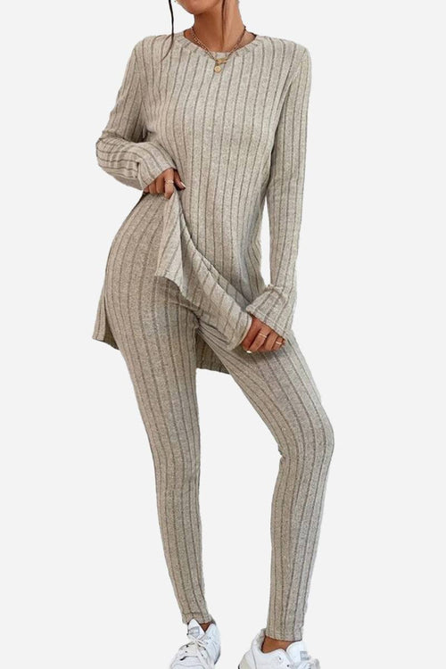Woman wearing beige Butter Touch Ribbed Two-Piece Set with ribbed texture, long sleeves, and matching ribbed pants.