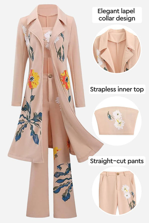 Elegant three-piece floral set with lapel collar coat, strapless top, and straight-cut pants in soft beige with colorful flower prints