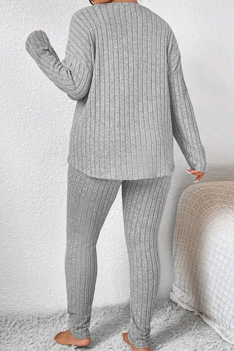 Body Confident Oversized Knit two-piece set in gray ribbed knit fabric, cozy and relaxed fit from back view
