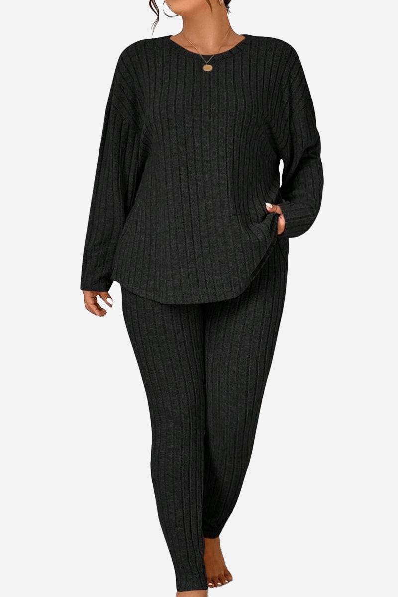 Body Confident Oversized Knit two-piece black cozy knit top and pants set for women