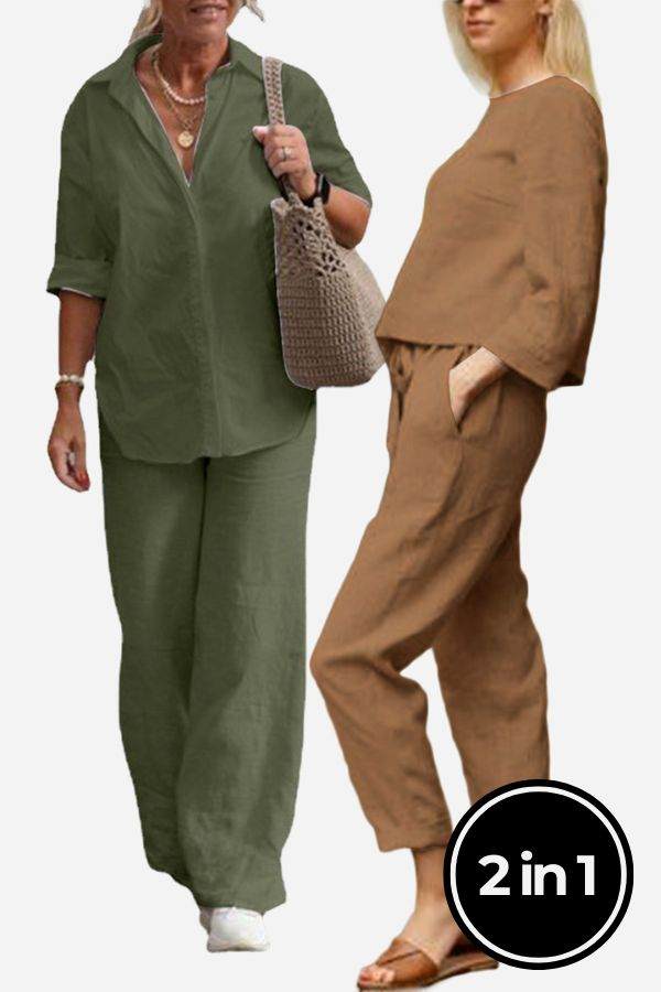 Two women wearing breathable casual chic duo two-piece sets in olive and brown, perfect for cool, comfortable, mix-and-match outfits.